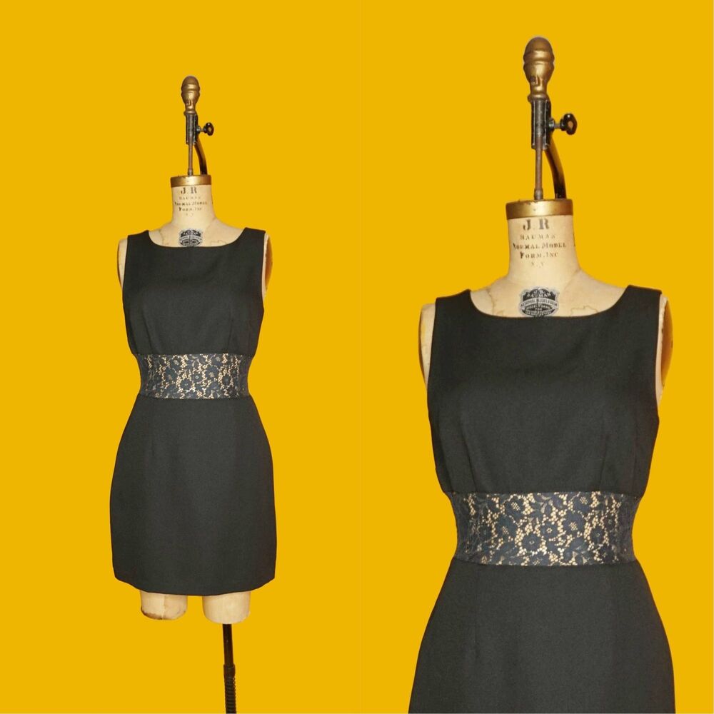 1990s-Y2K NU OZ Lace Cut Out Semi SHEER Midriff Black Party Dress. Medium-Large